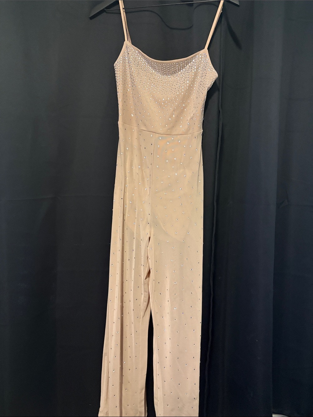 Beige Rhinestone Spaghetti-Strap Jumpsuit